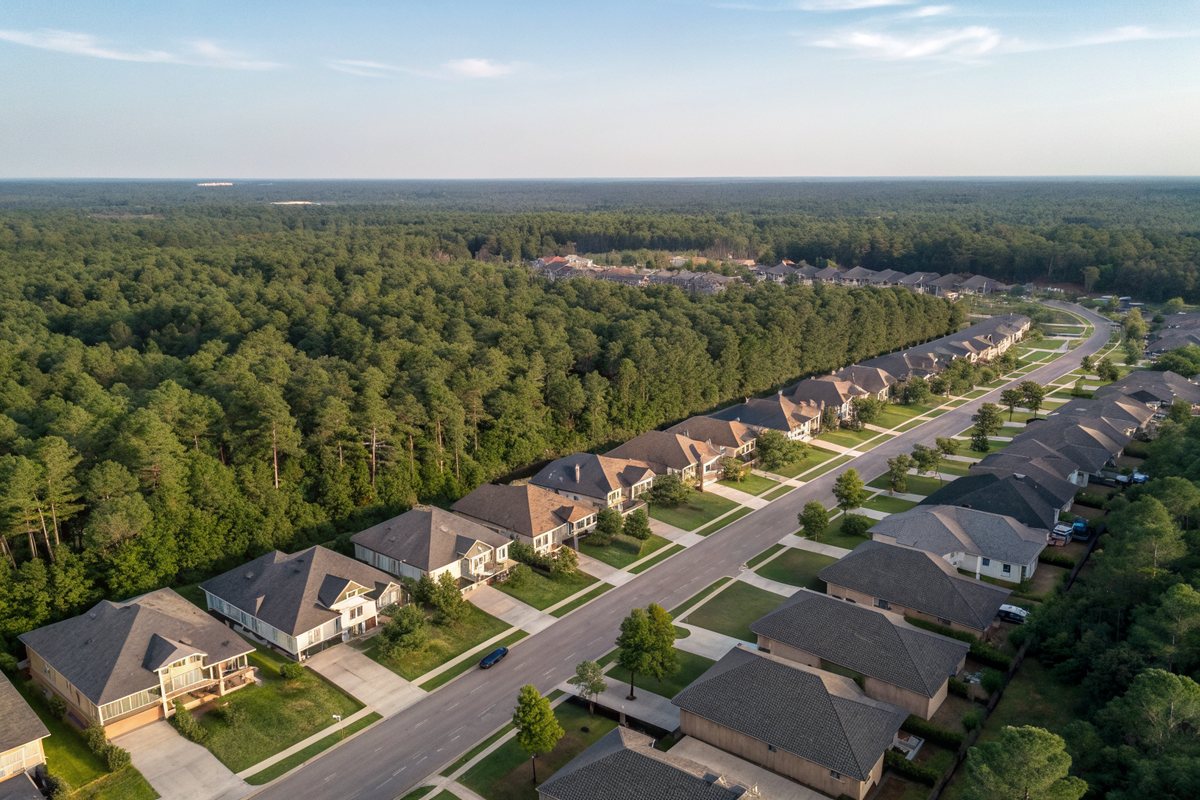 Aerial view of rows of shingle roofs in a subdivision surrounded by pine forest