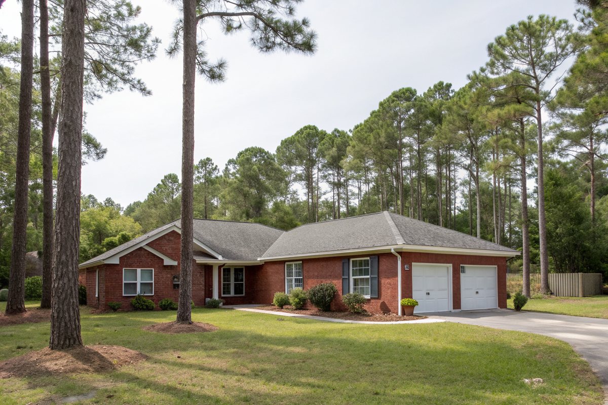 A single-story red brick ranch home with a gray shingle roof under tall pines