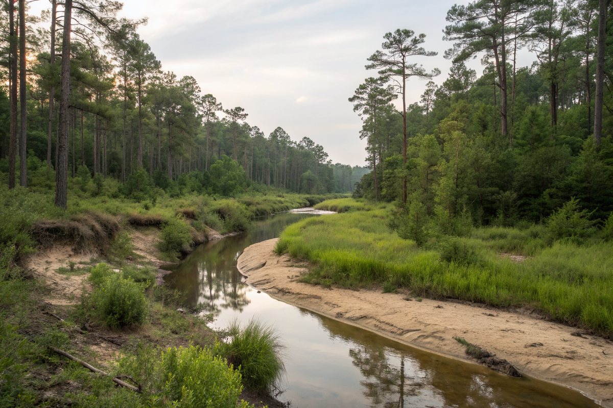 A sandy creek winding through pine and hardwood forest