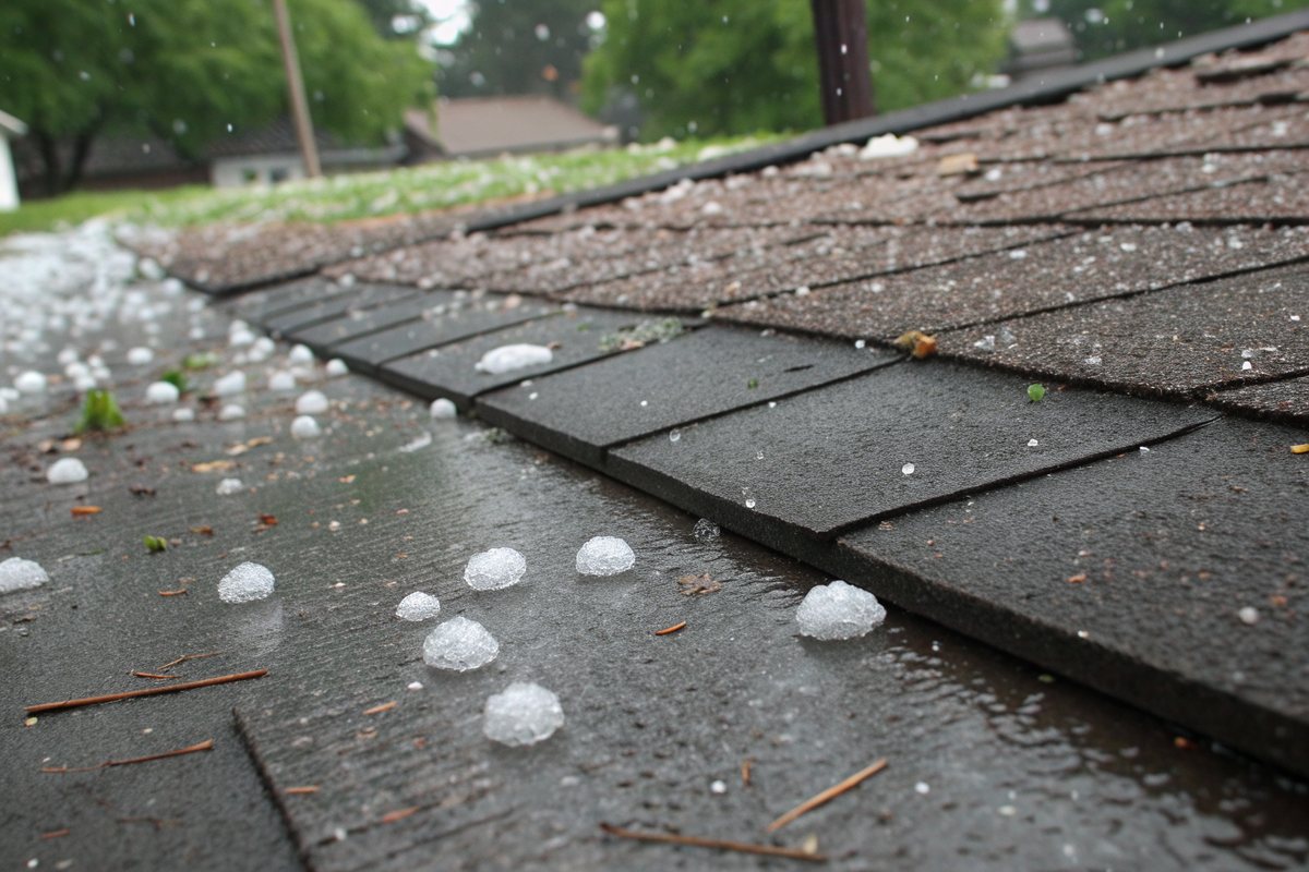 Hailstones scattered on wet asphalt shingles after a storm