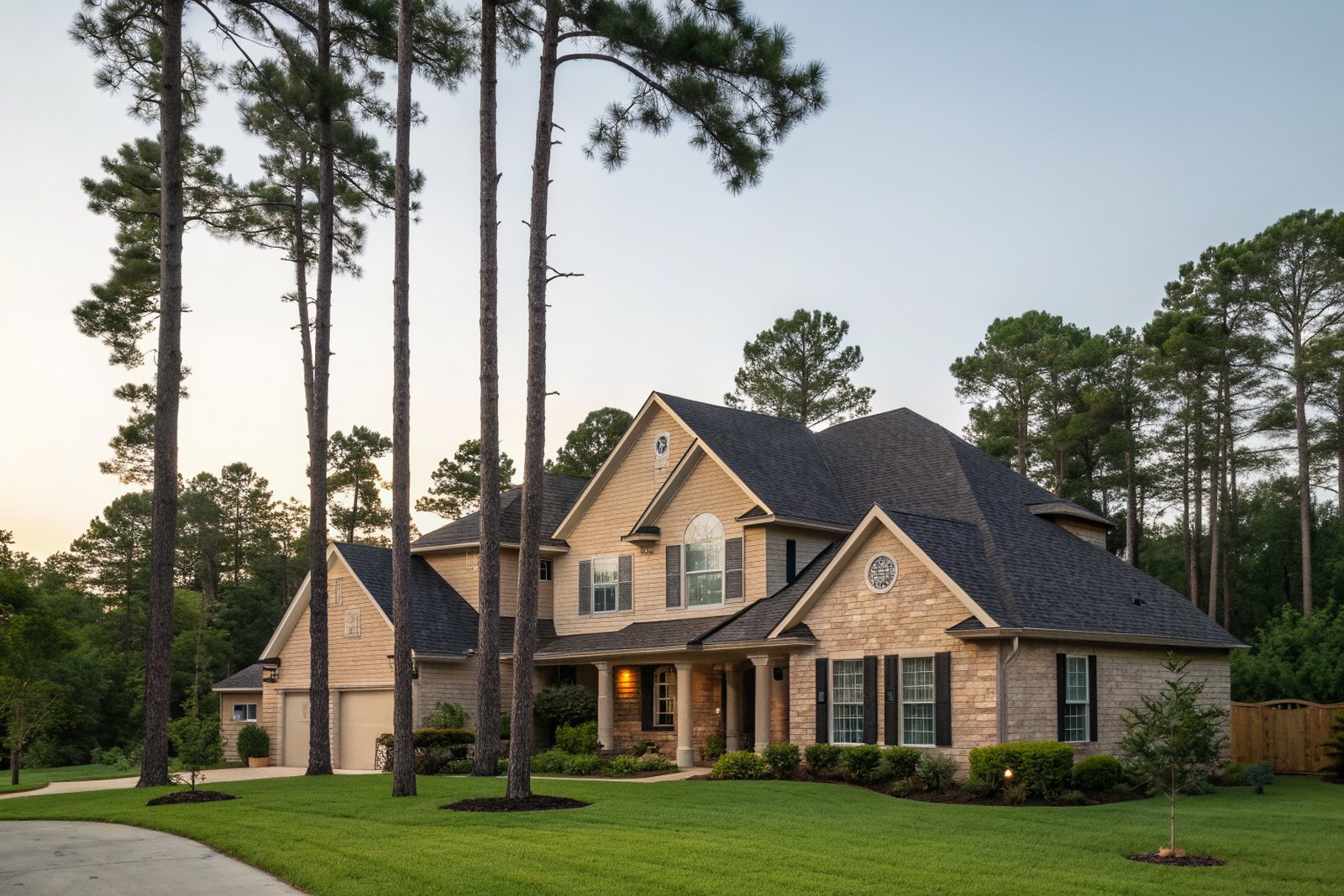 A two-story brick and stone home with a dark shingle roof under tall pines