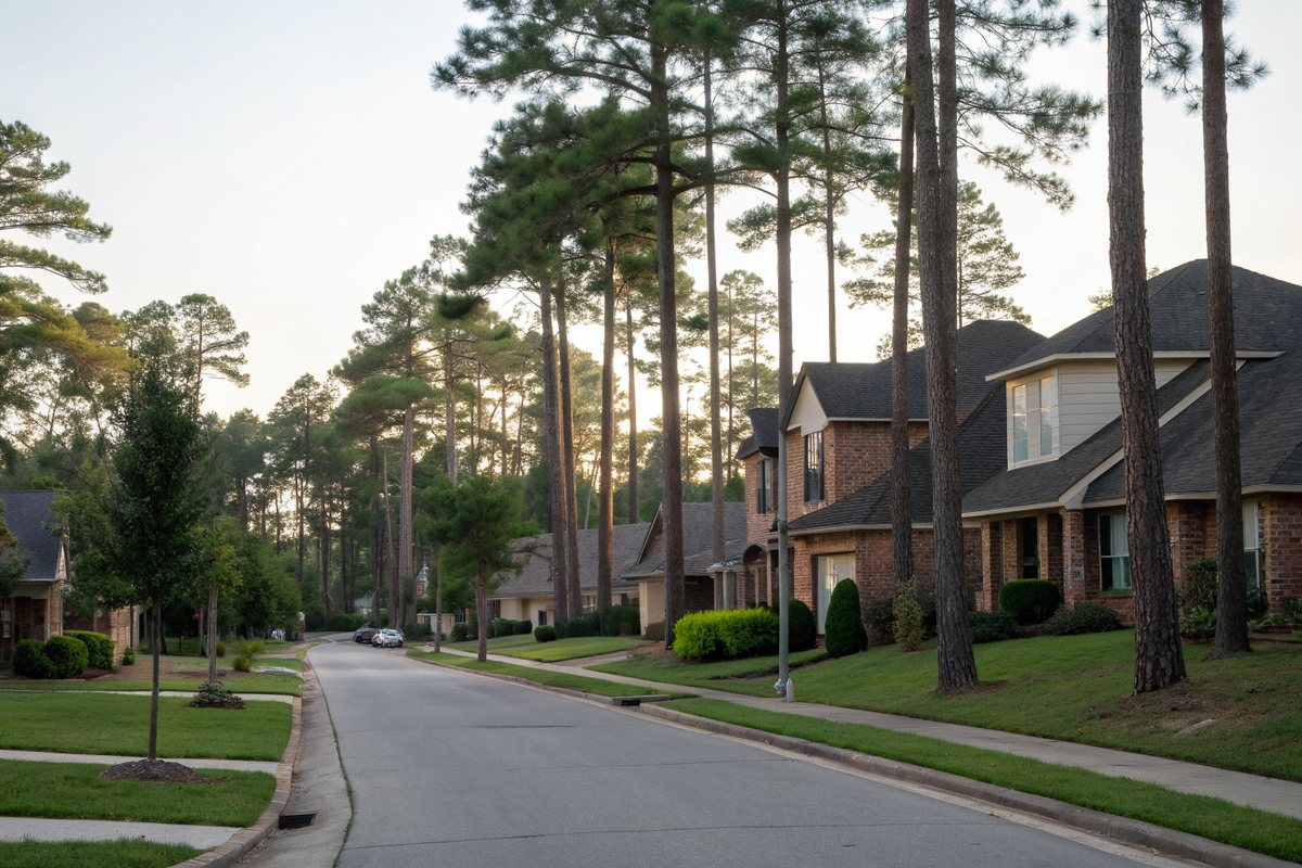 A quiet street of brick homes lined with tall pine trees