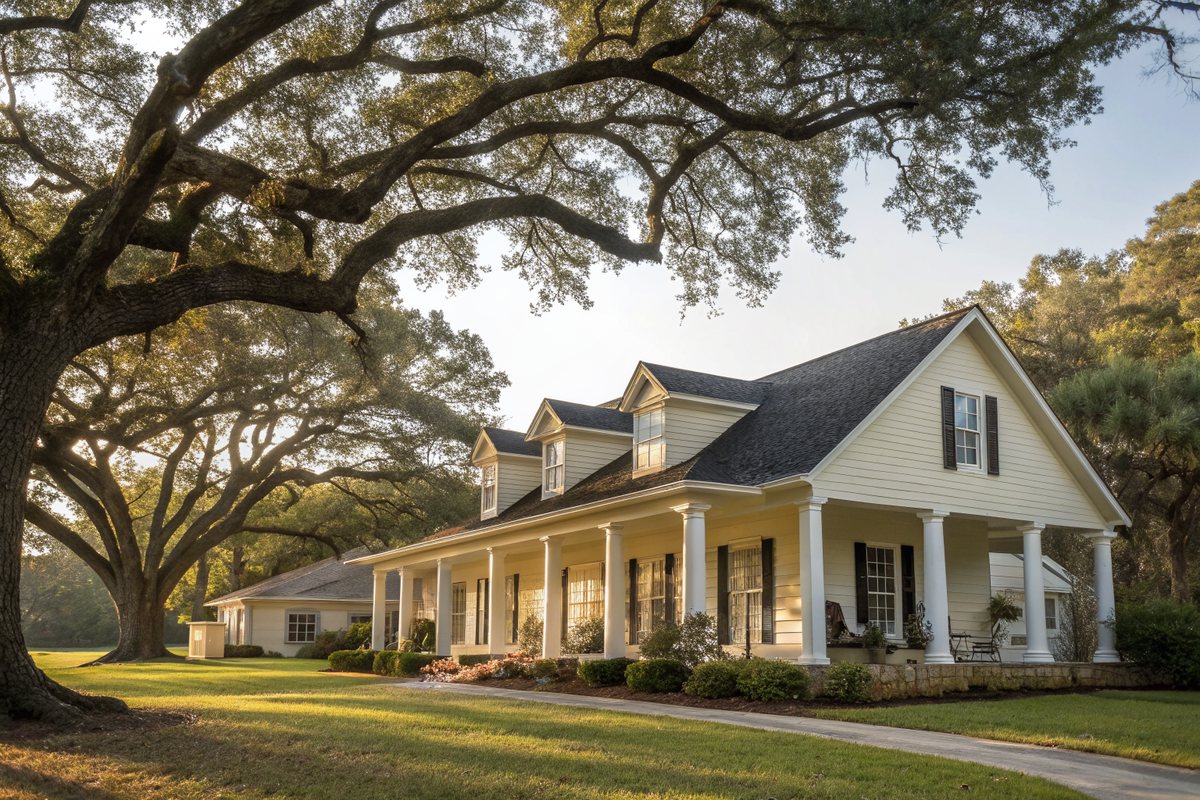 A cream one-story home with a long front porch under a spreading live oak