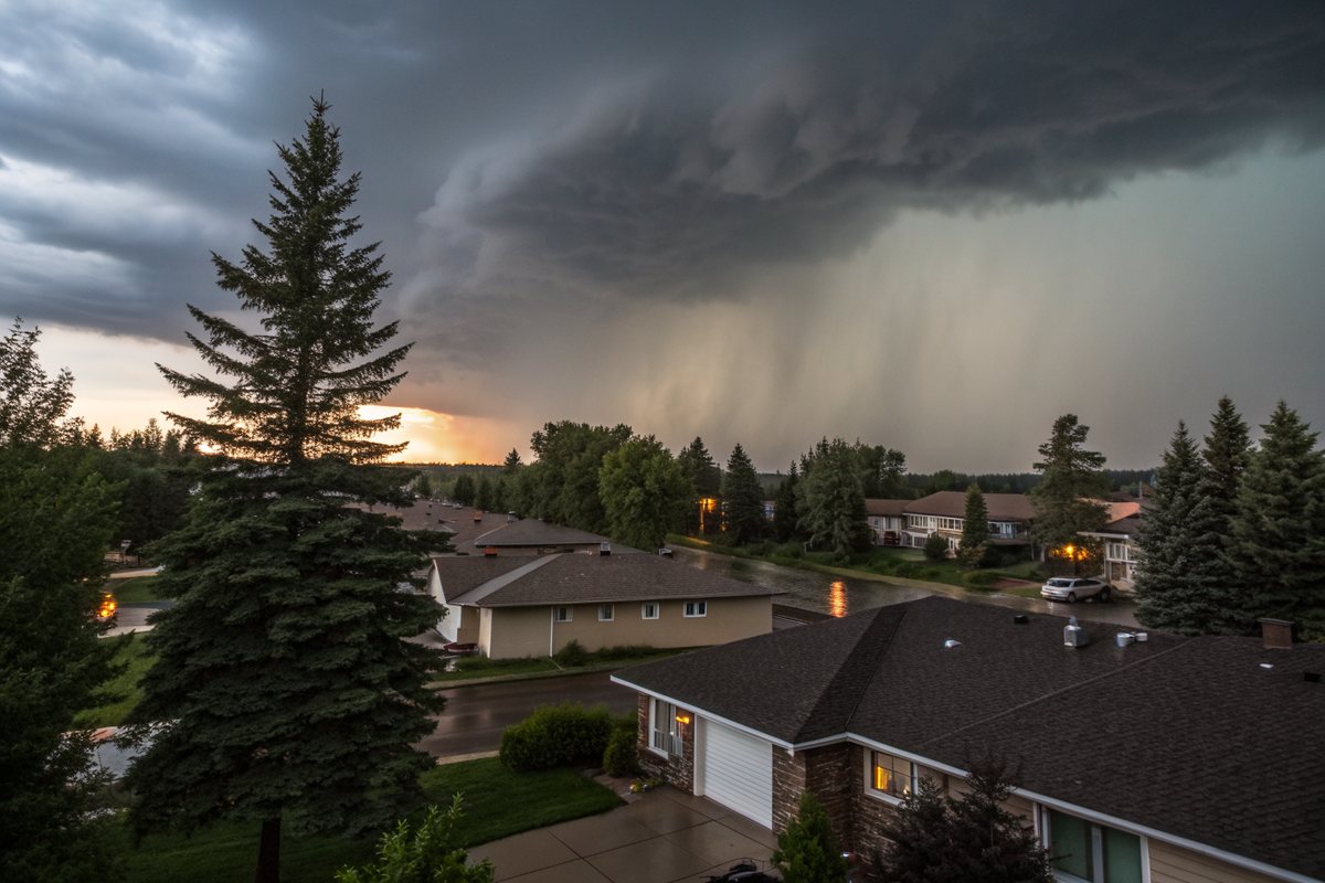 A dark storm sky and rain curtain over suburban rooftops and pines