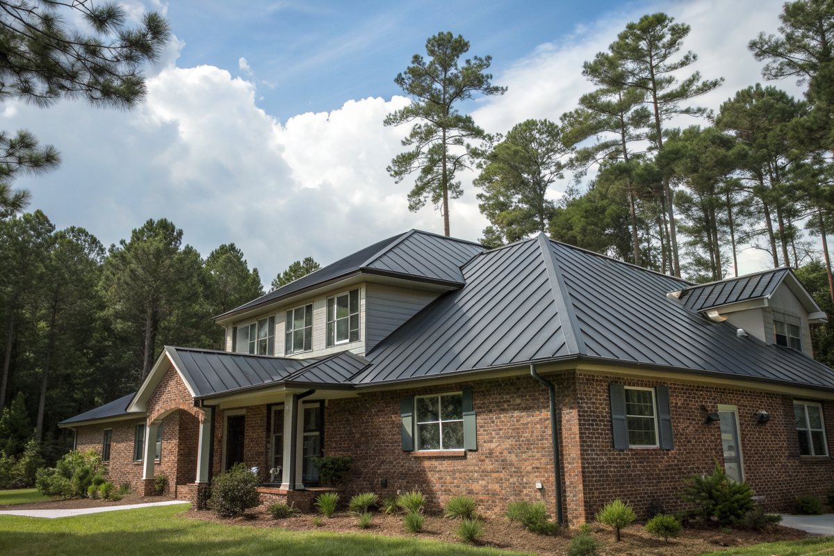 A brick two-story home with a charcoal standing-seam metal roof