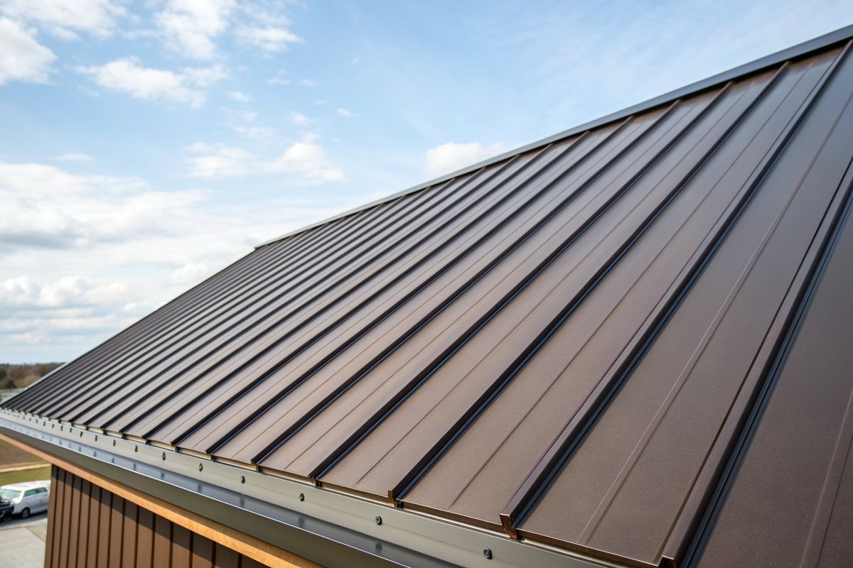 Close view of bronze standing-seam metal roof panels against the sky