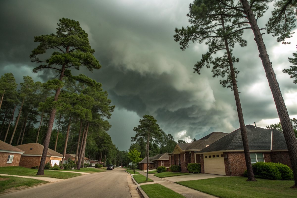 Dark storm clouds over a street of brick homes and tall pines