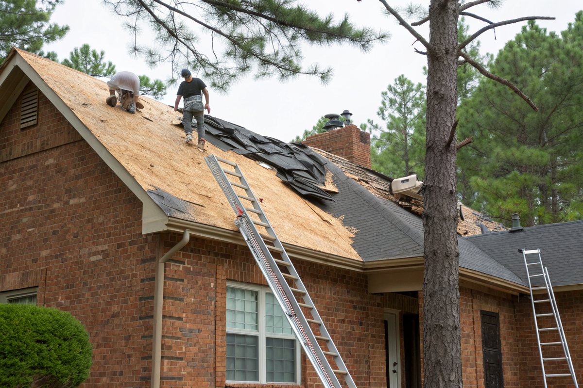 A brick house mid-replacement with old shingles removed down to the decking