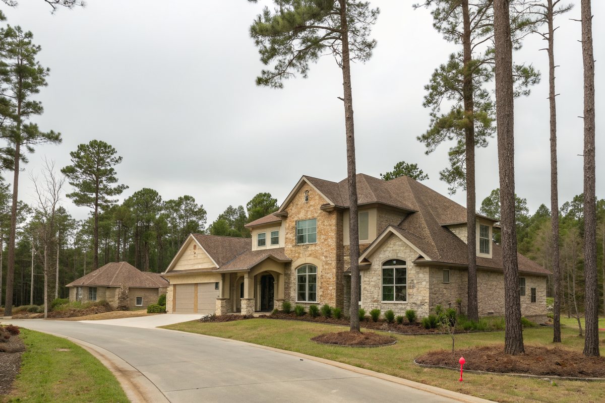 A two-story stone-front home on a curving street among tall pines