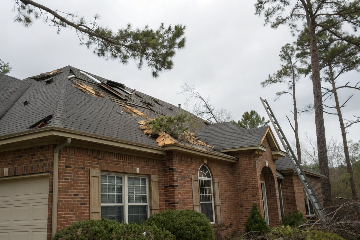 A brick home with lifted and missing shingles after a storm